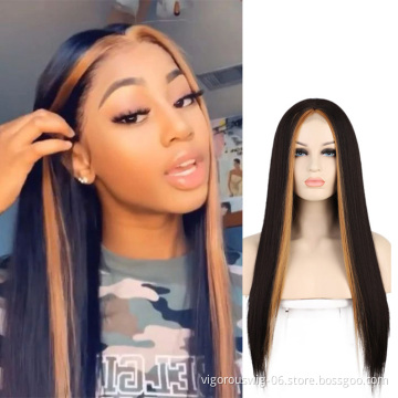 Lace Front Wholesale Best Natural Hair Black With Blonde Highlights Wig Vendor In Bulk High Fiber Synthetic Wig For Black Women